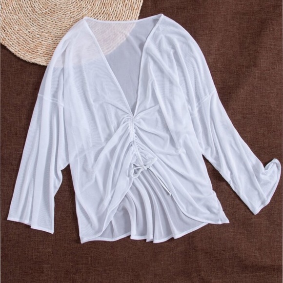 SHEIN Women’s Swim Mesh Drawstring Ruched Cover-Up with Bow - white, size M - Picture 2 of 10
